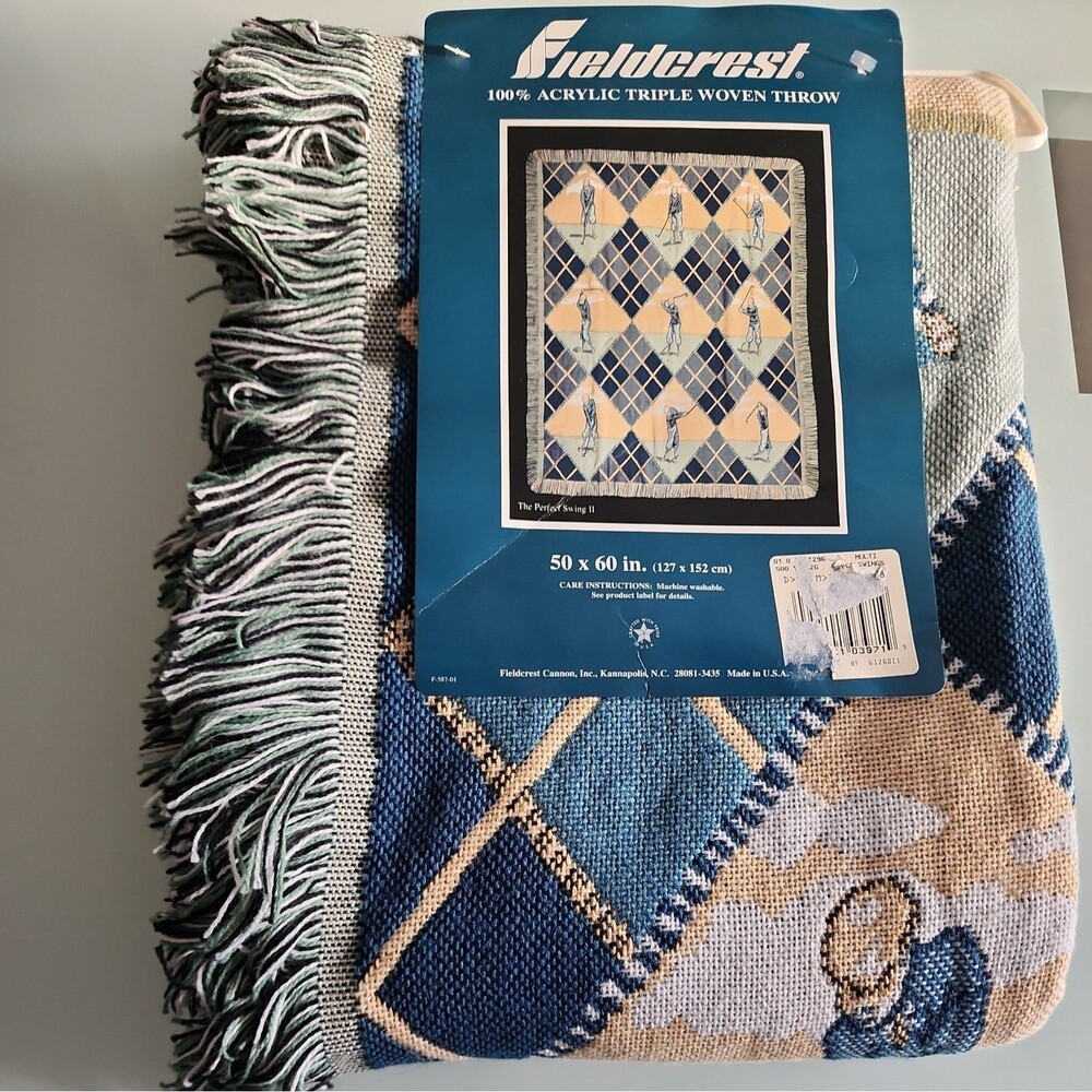 Vintage Fieldcrest Triple Woven Throw Blanket The Perfect Swing golf 50X60 NWT